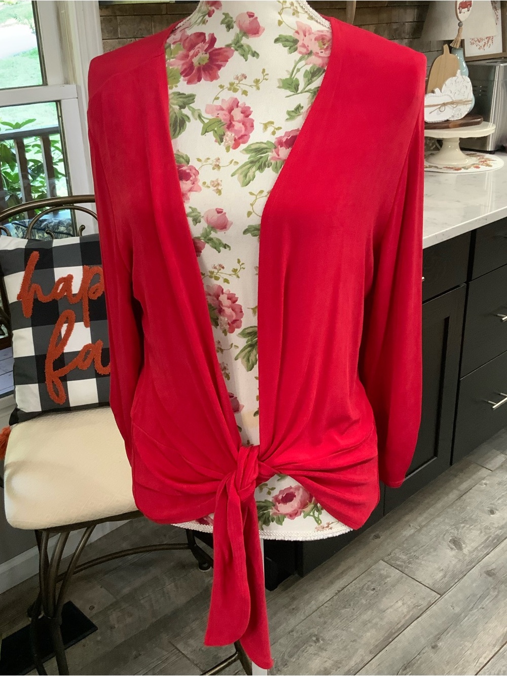 Chico’s Travelers Sz Large Cardigan Red 3/4 Sleeve Tie Front Slinky No Wrinkle